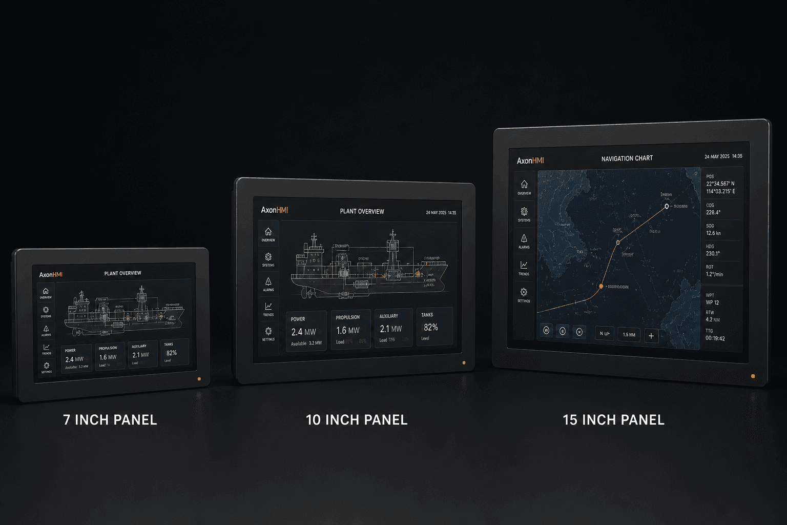 AxonHMI 7, 10, and 15 inch landscape panels with a single status LED