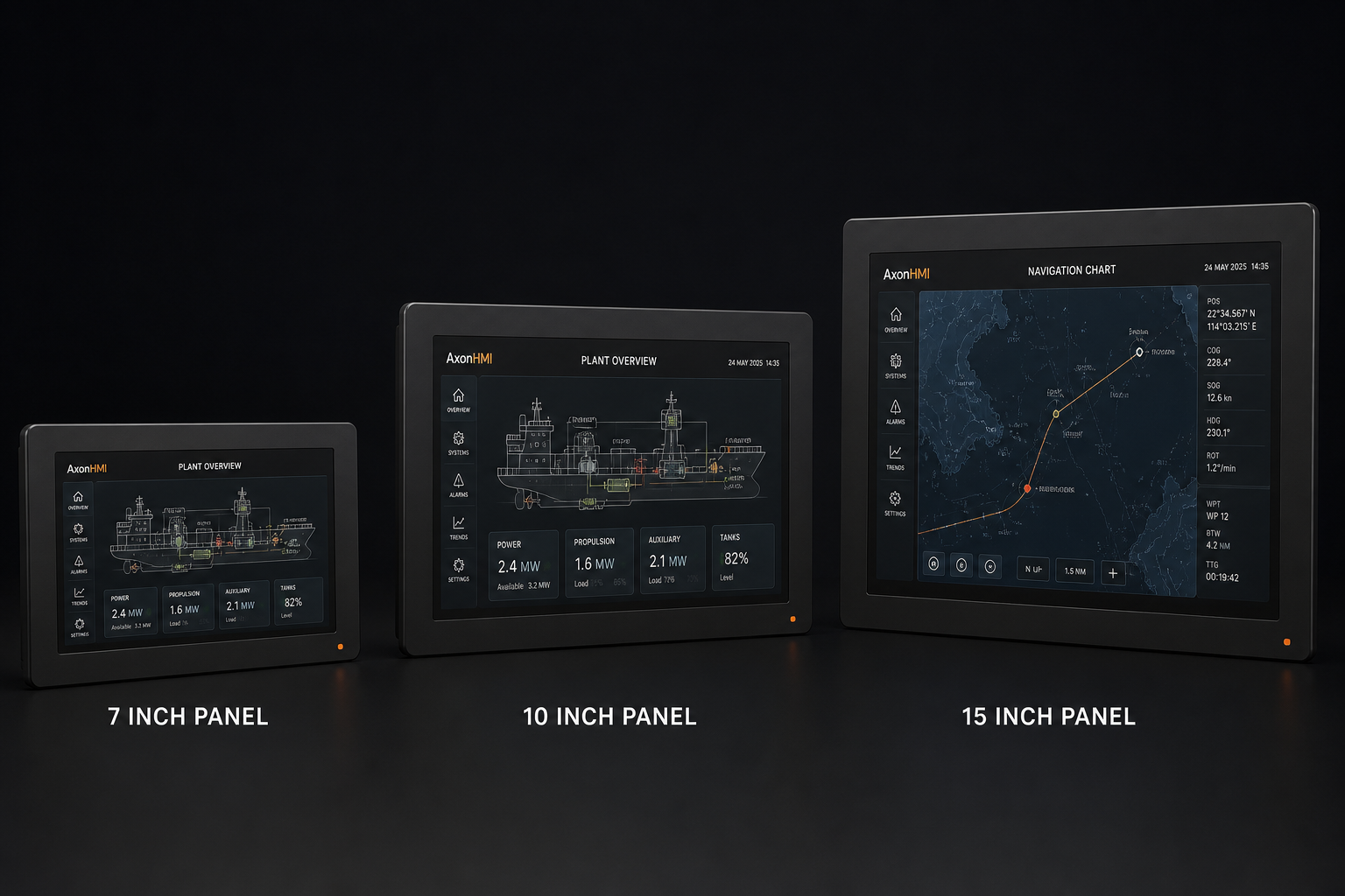 AxonHMI 7, 10, and 15 inch landscape panels with a single status LED